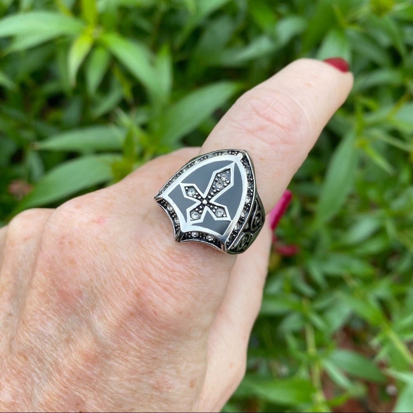 Mens Stainless Steel Shield & Cross Top Ring