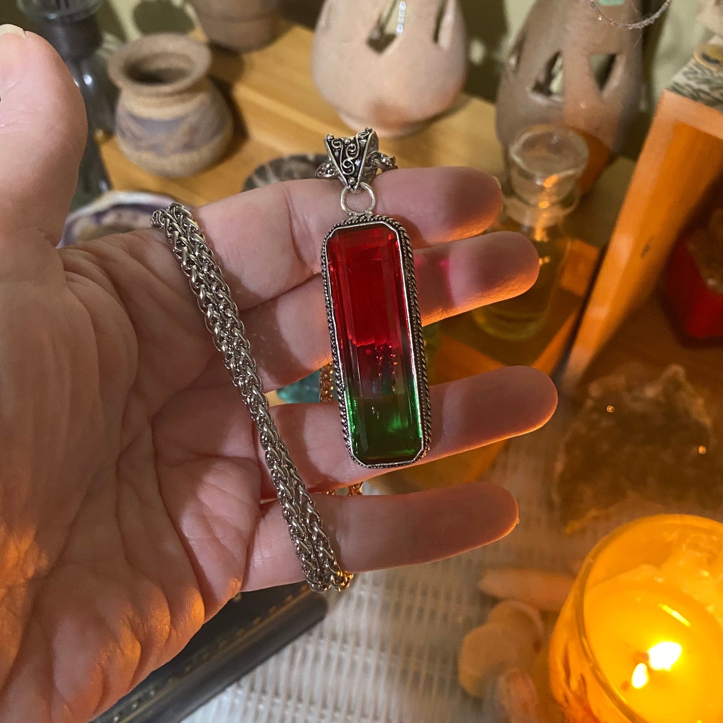 Bi-Color Tourmaline Red Green Sterling Silver Pendant Necklace