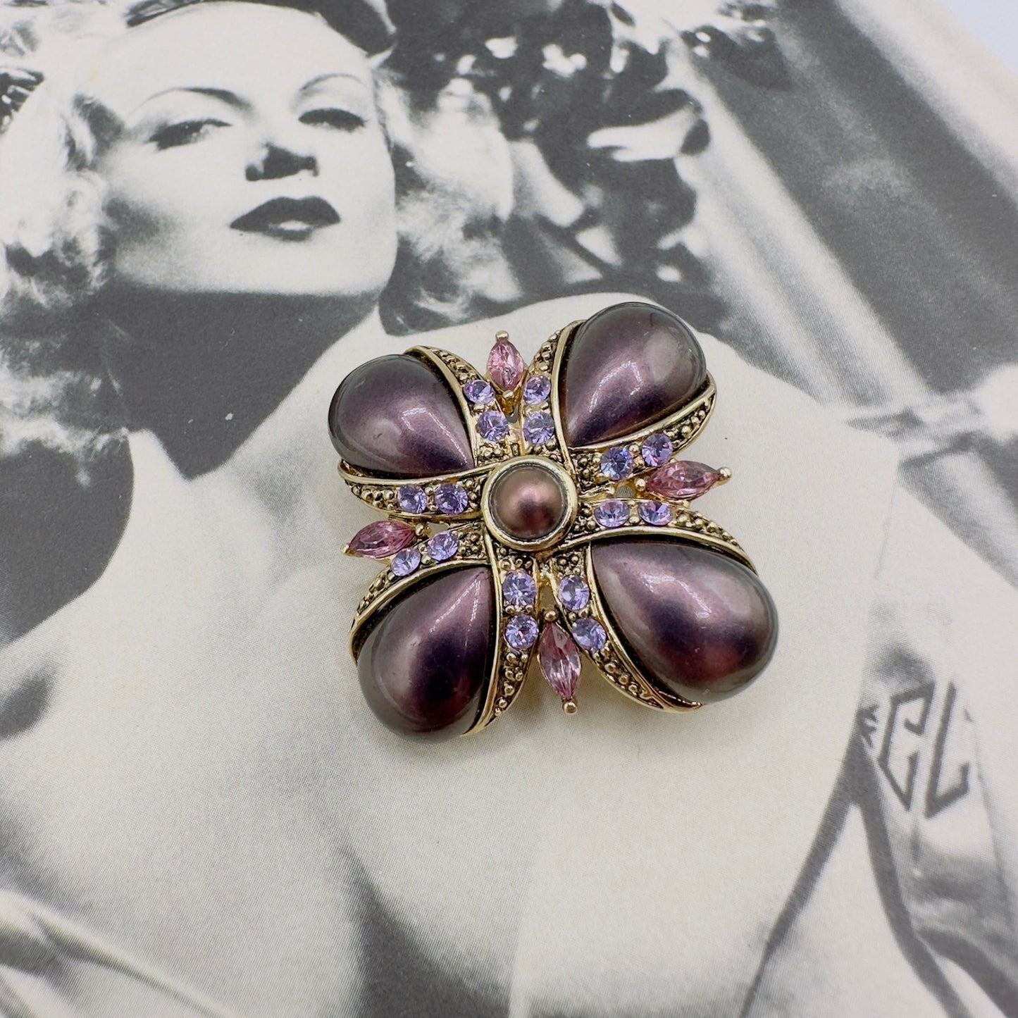 Vintage Signed Monet Maltese Cross Brooch-Gold Tone with Purple Faux Pearls & Rhinestones