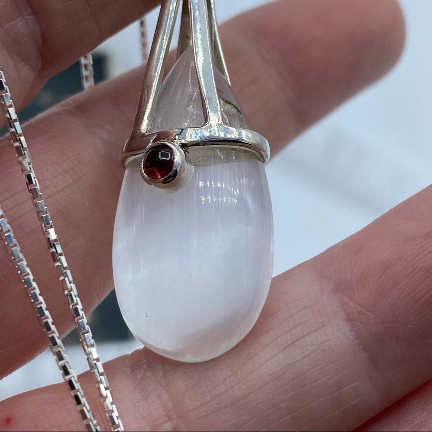 Selenite And Garnet Pendant on Diamond Cut Box Chain