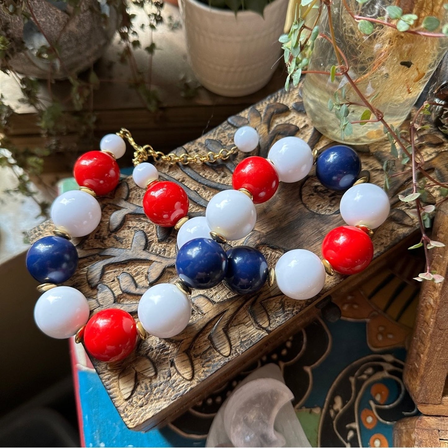 Vintage Signed Napier Rare Red White Blue Ball Necklace