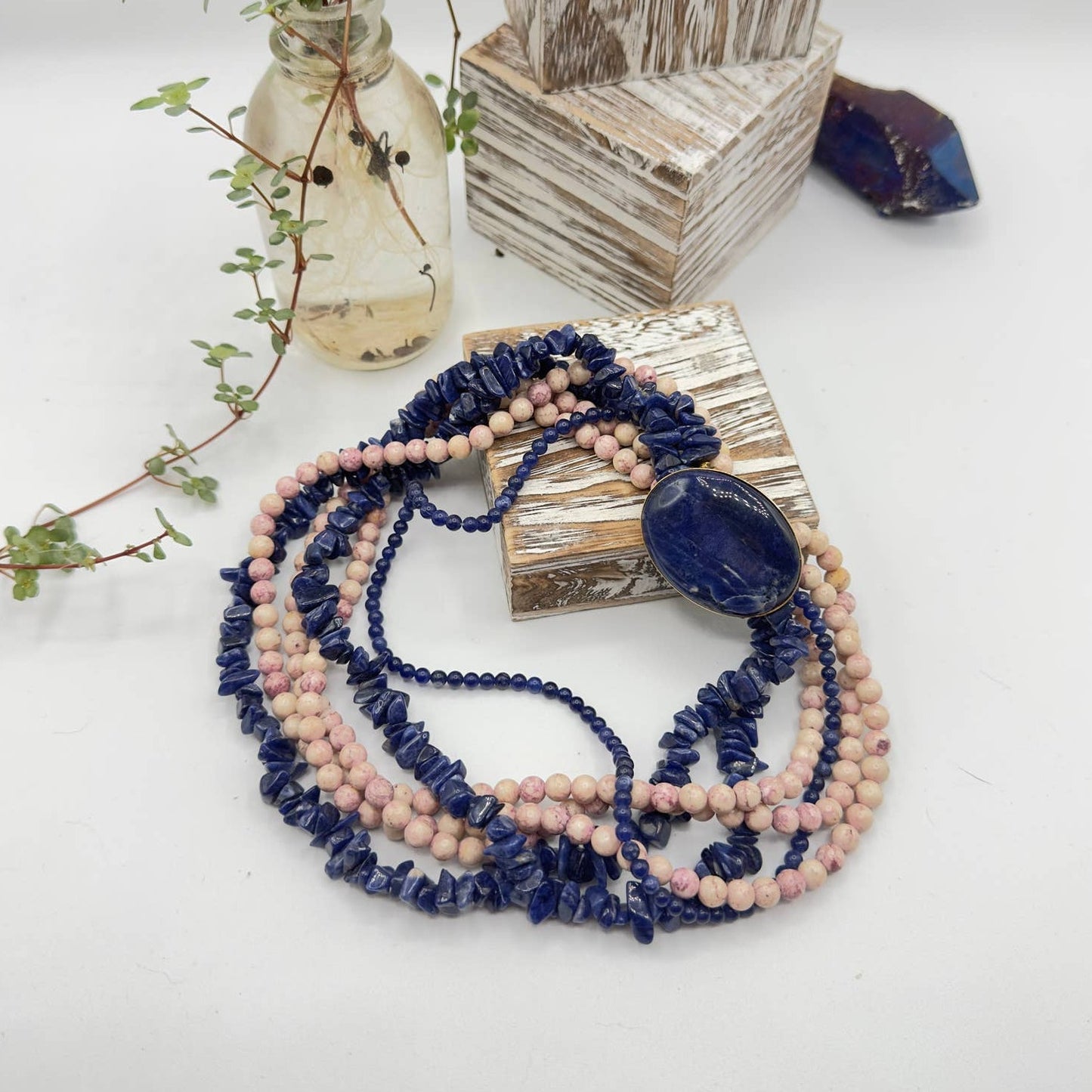 Vintage Lapis Lazuli & Jasper Multi-Strand Gemstone Necklace-Statement Boho Jewelry