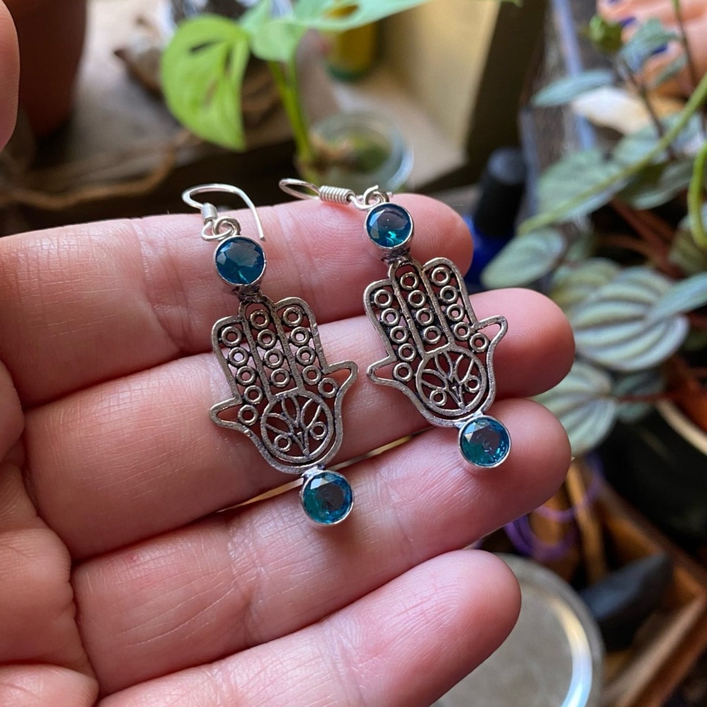Hamsa Swiss Blue Topaz Sterling Silver Earrings