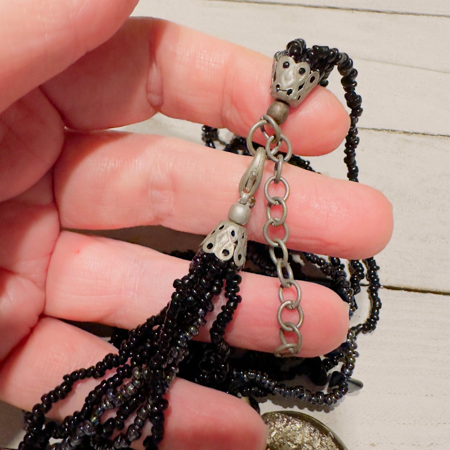 Vintage Black Multi-Strand Seed Bead Necklace with Crackle Glass Disc Pendant