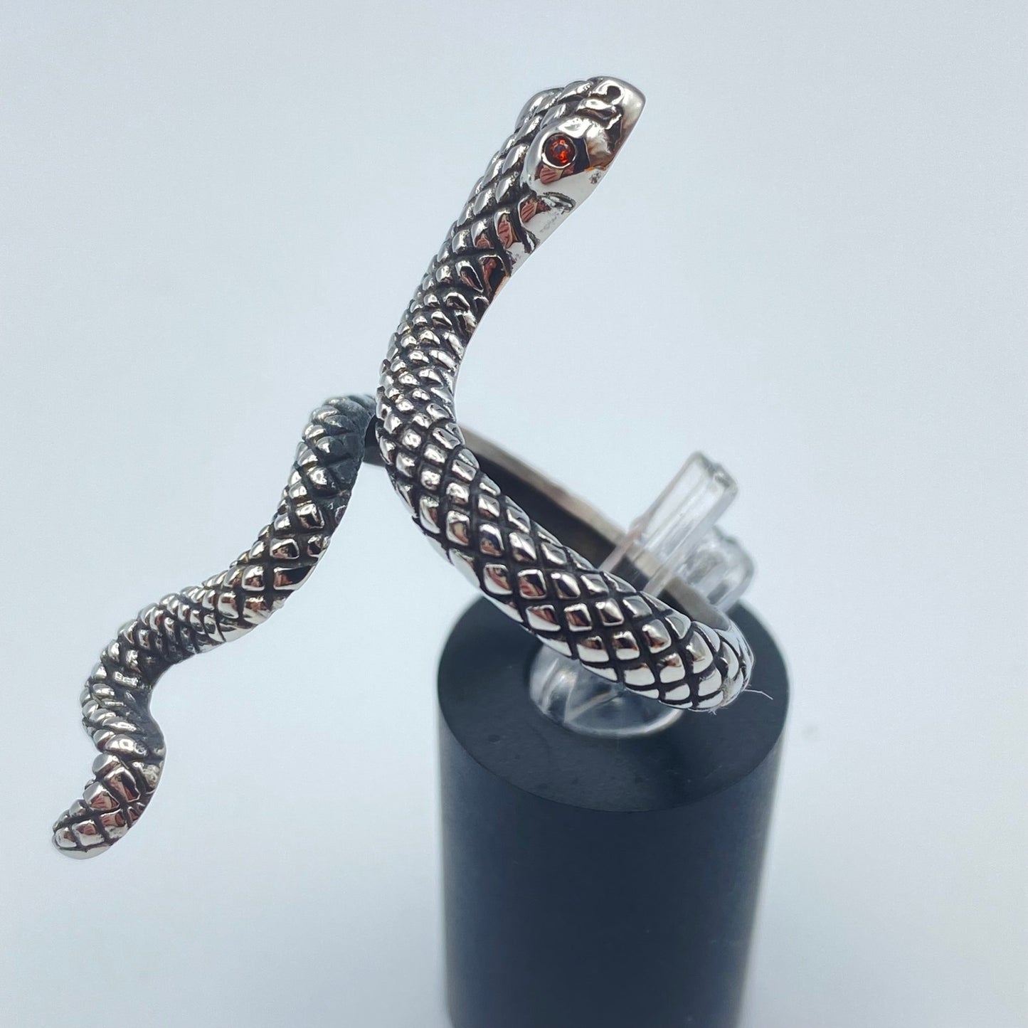 Stainless Steel Slithering Snake Ring- Red CZ Eyes