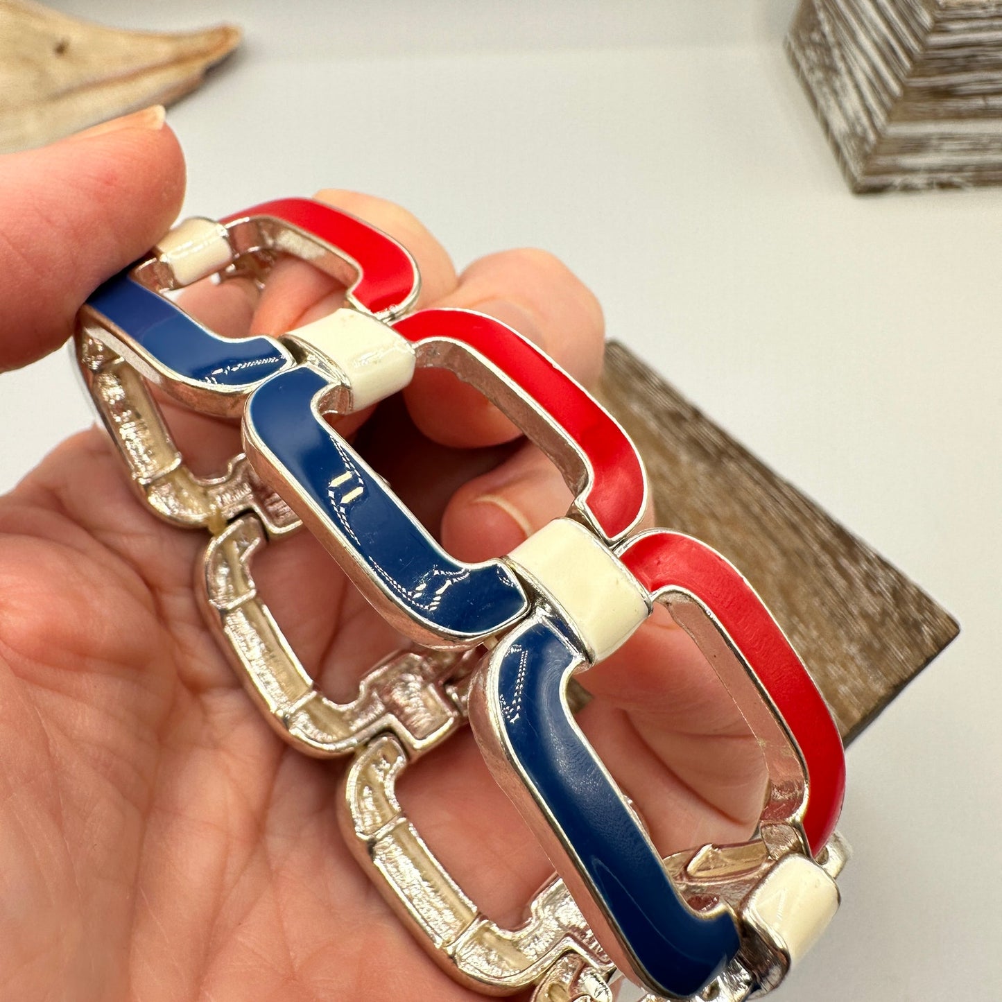Vintage 90's Enamel Red White Blue Stretch Bracelet