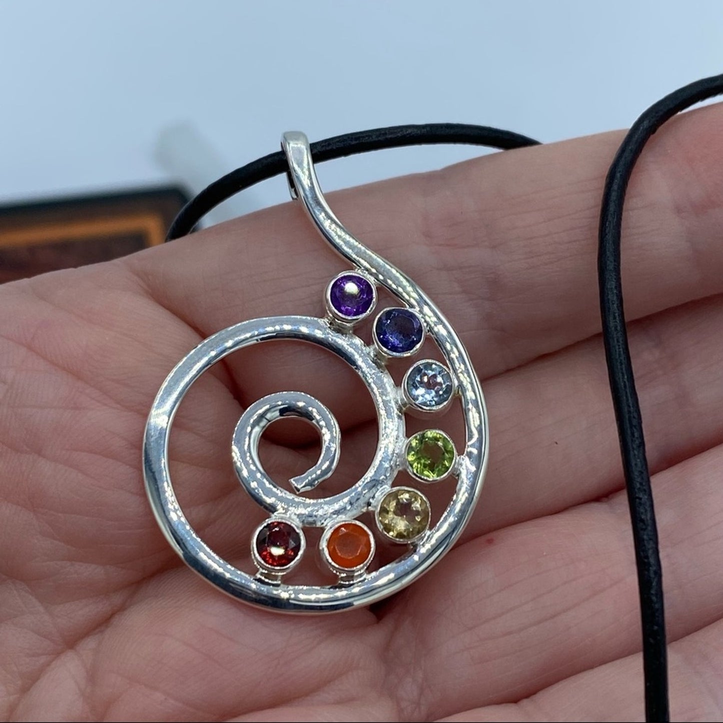 Sterling Silver Spiral Rainbow Gemstone Chakra Pendant Necklace