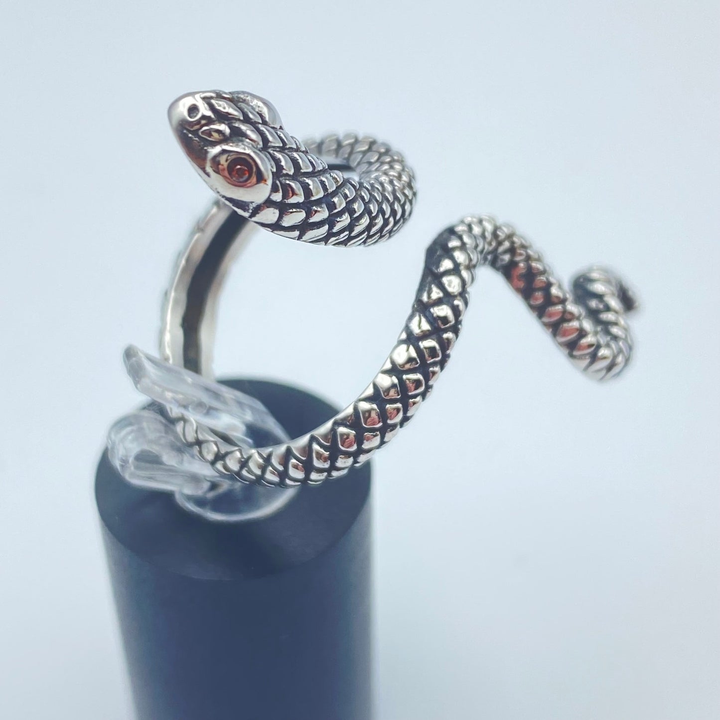 Stainless Steel Slithering Snake Ring- Red CZ Eyes
