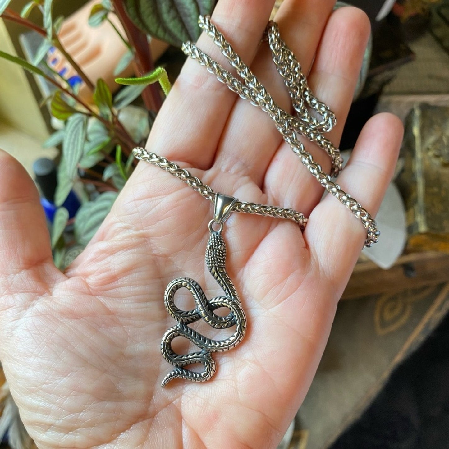 Snake Stainless Steel Wheat Chain Necklace, Unisex Snake Jewelry