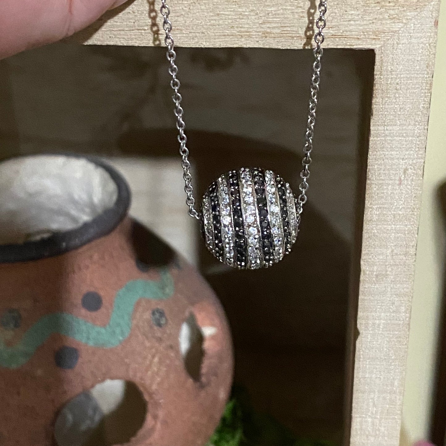 Sterling Silver Ball Necklace With Black & White Zirconians