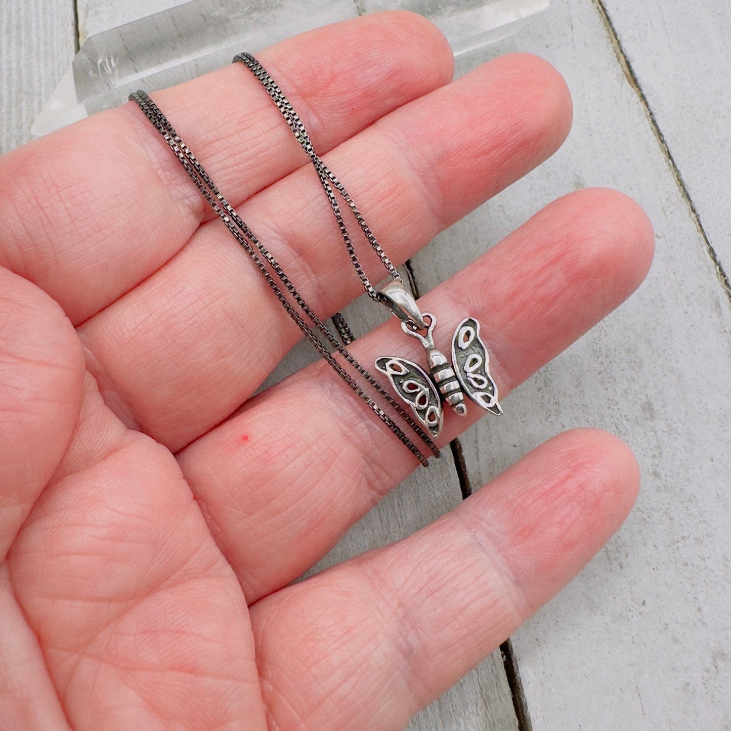 Sterling Silver Butterfly Necklace Black Rhodium Sterling Box Chain