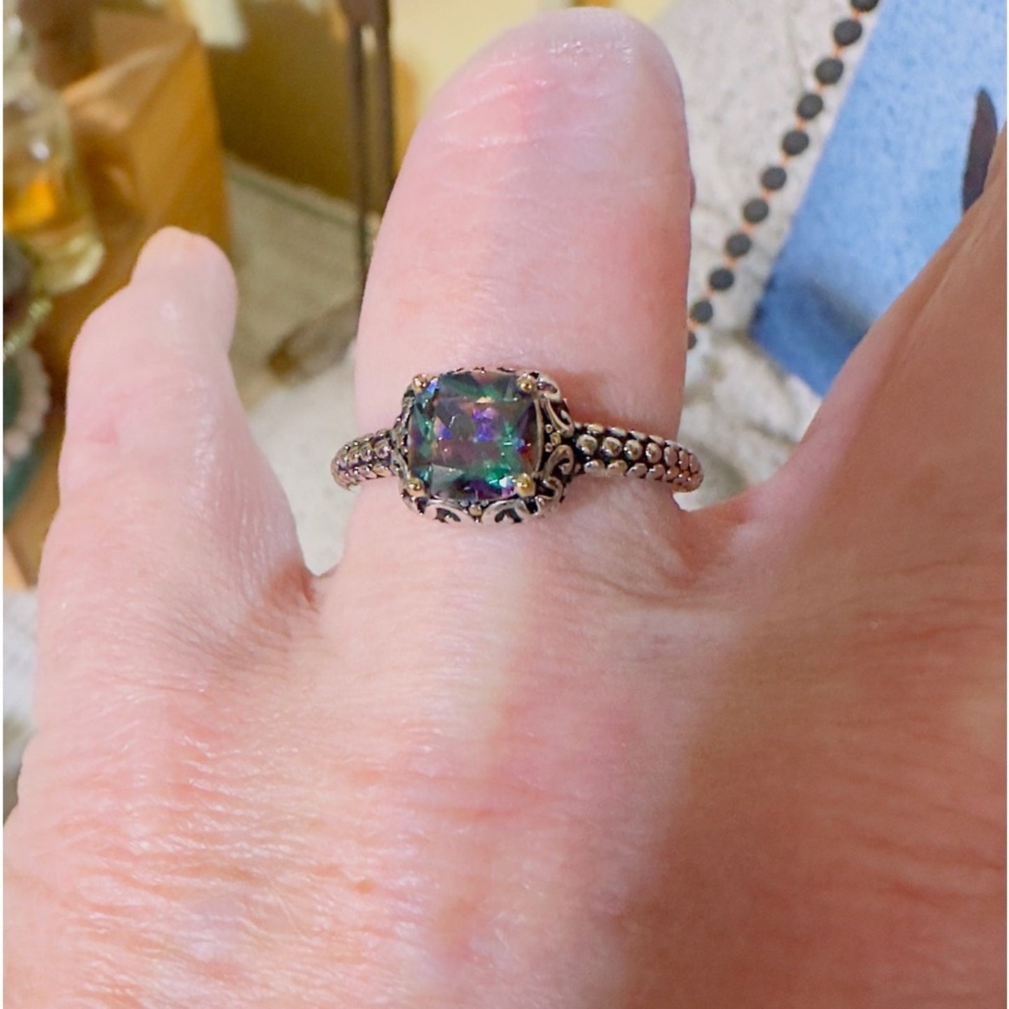 Sterling Silver Celtic Rainbow Topaz Cushion CZ Ring