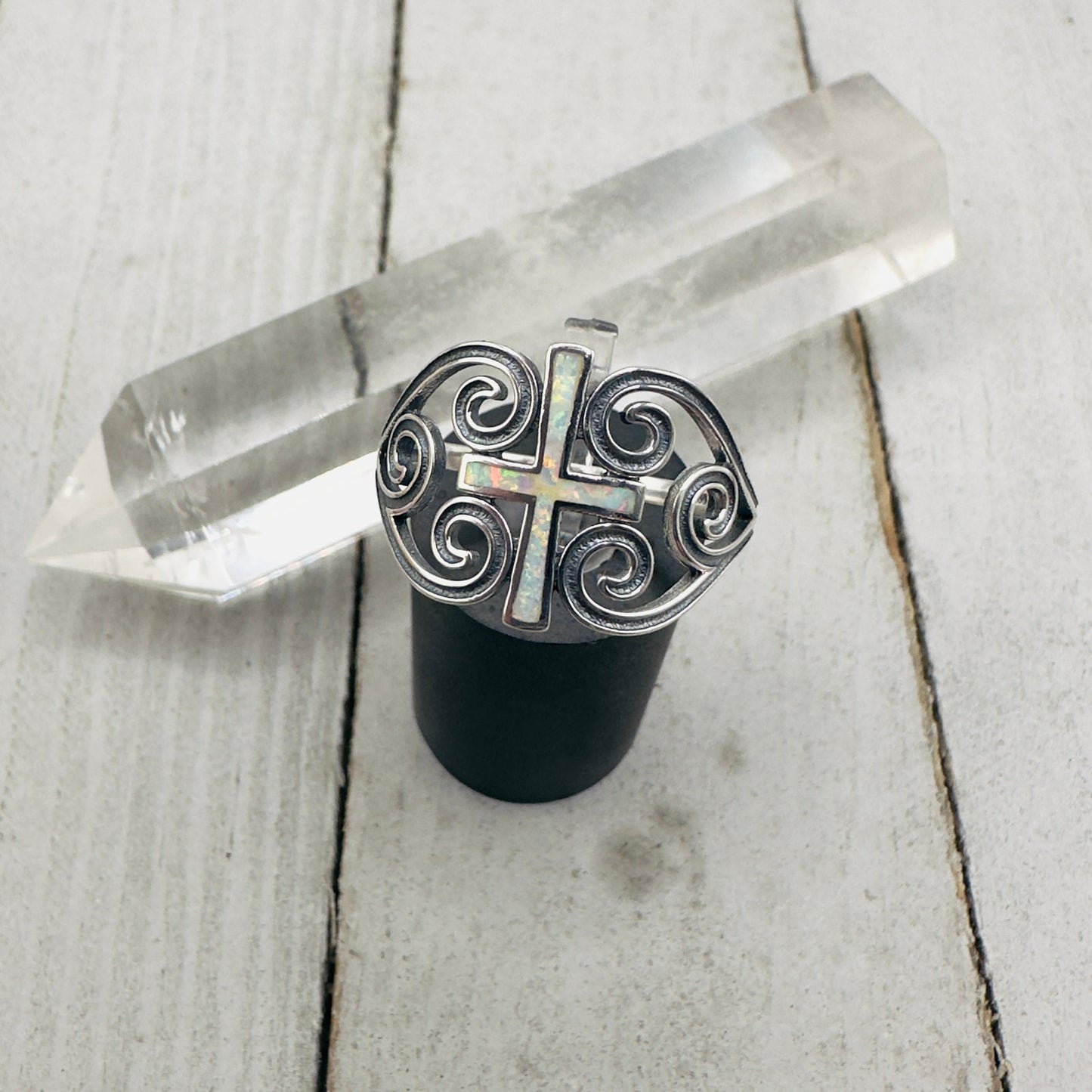 Lab Opal Cross Sterling Silver Ring