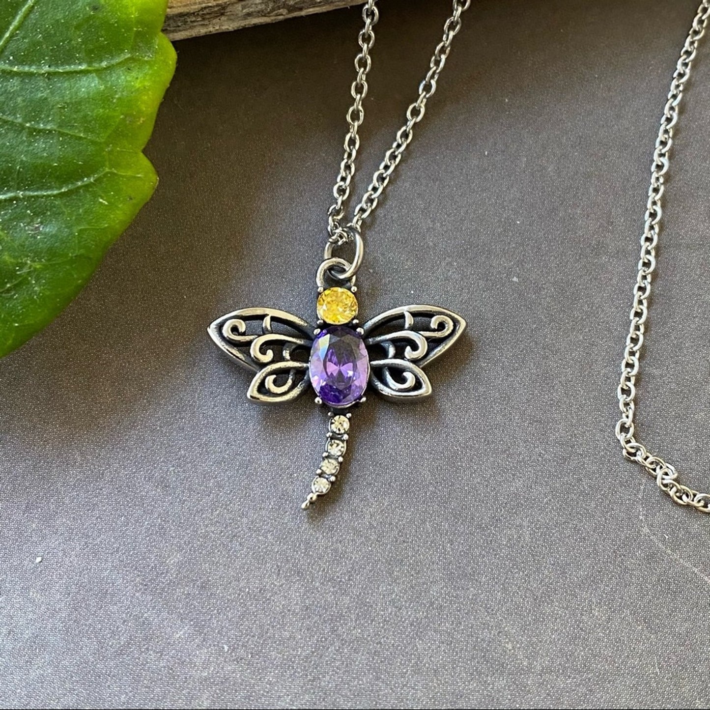 Dragonfly Purple & Yellow CZ Stainless Steel Necklace
