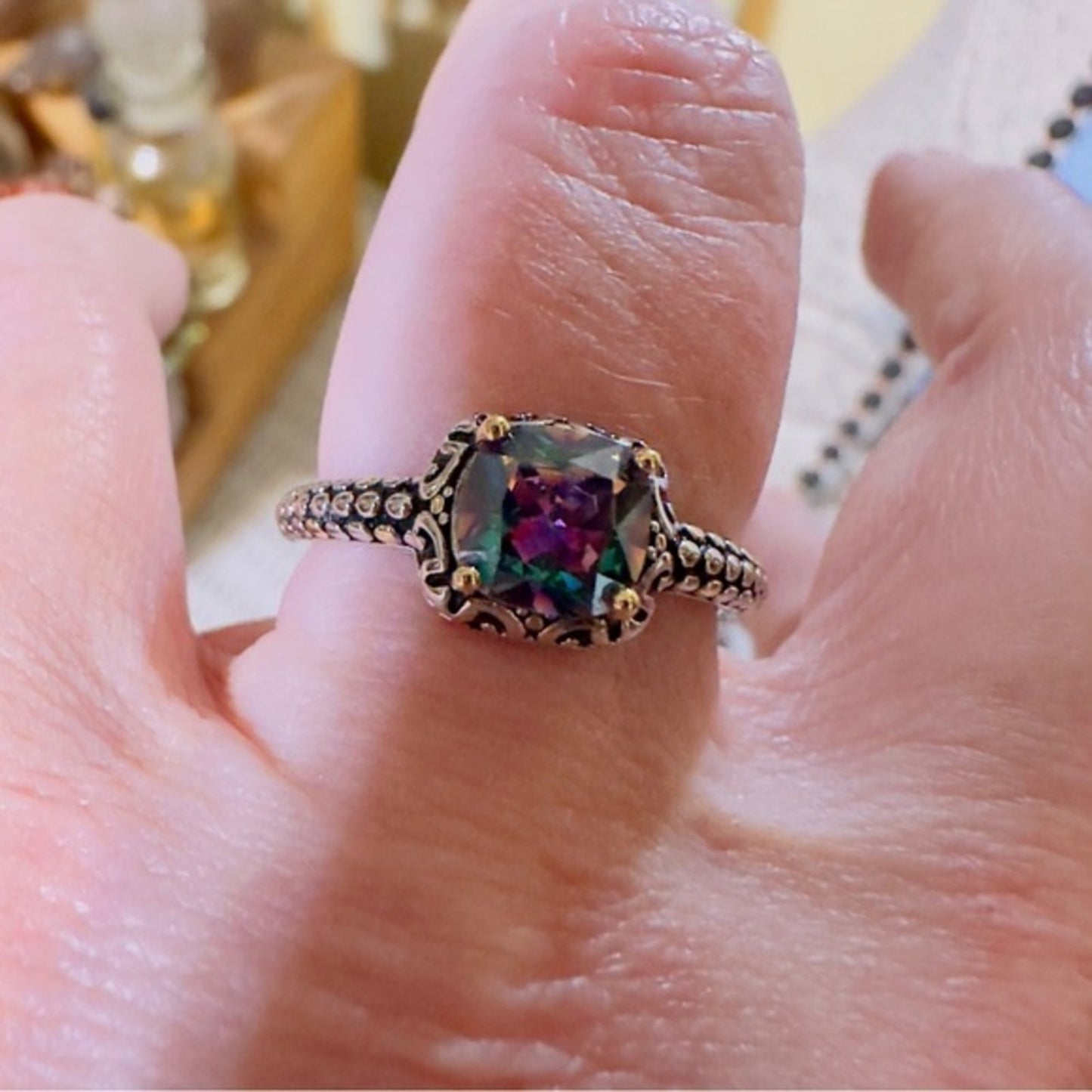 Sterling Silver Celtic Rainbow Topaz Cushion CZ Ring
