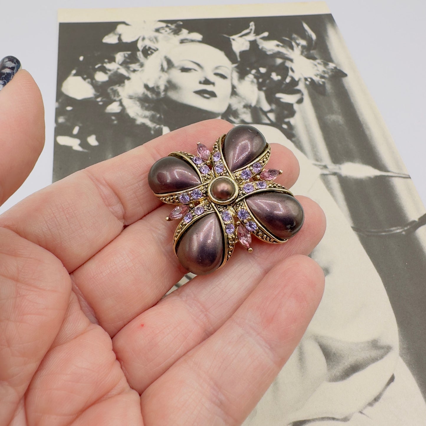 Vintage Signed Monet Maltese Cross Brooch-Gold Tone with Purple Faux Pearls & Rhinestones