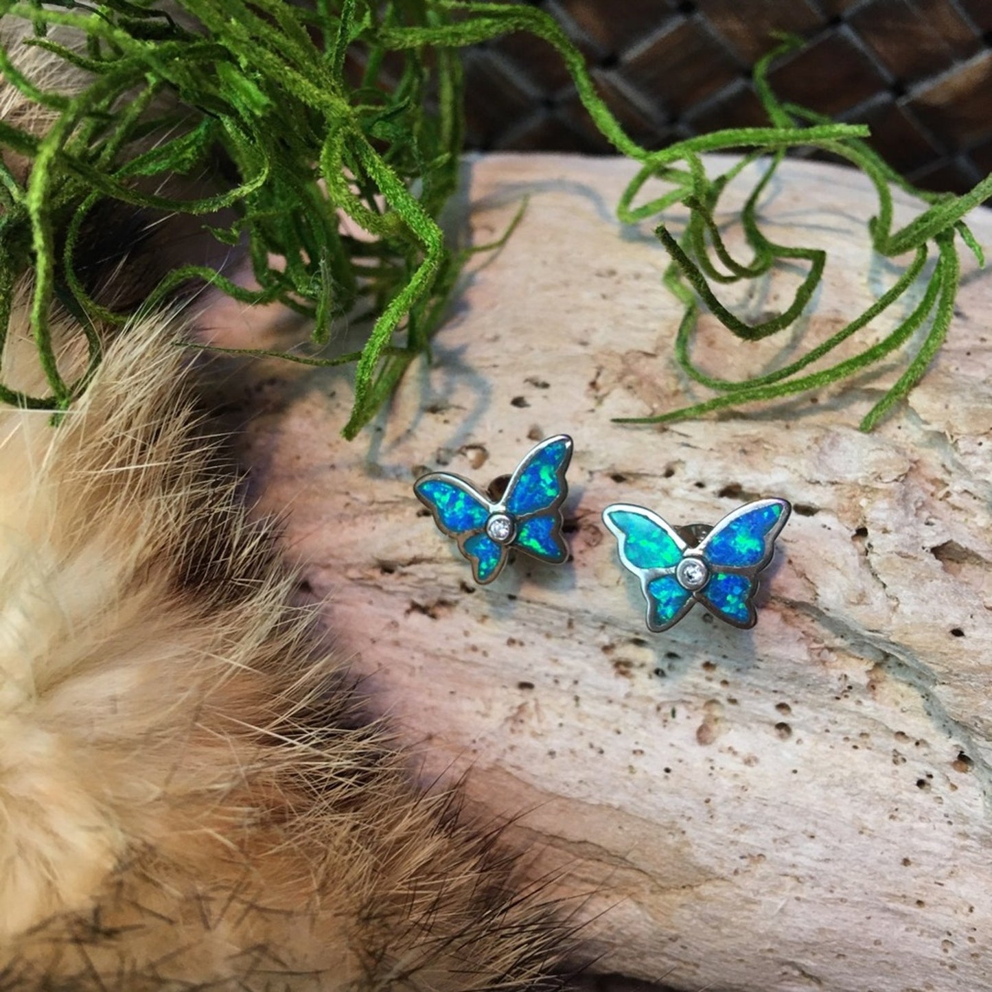 Butterfly Blue Opal CZ Sterling Silver Earrings