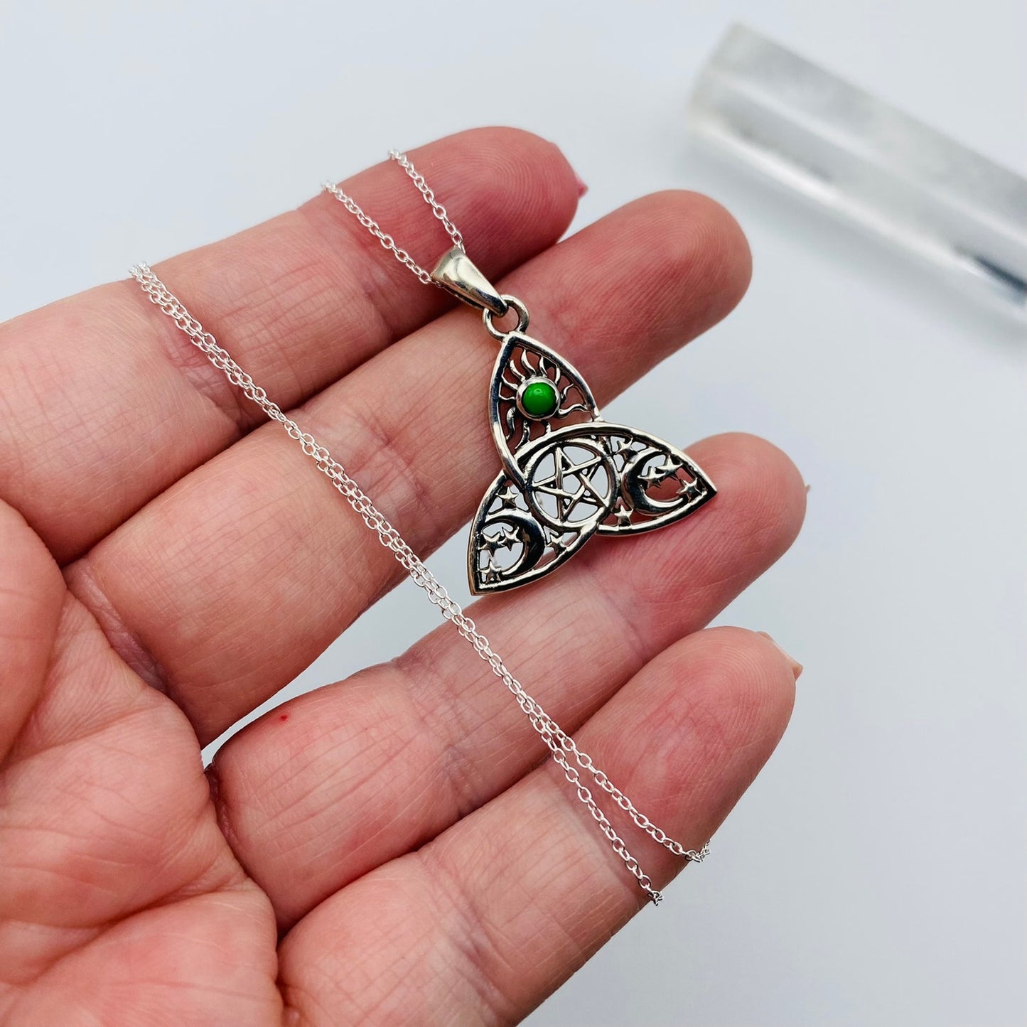 Green Mohave Turquoise Celtic Sun Moon & Star Sterling Silver Necklace