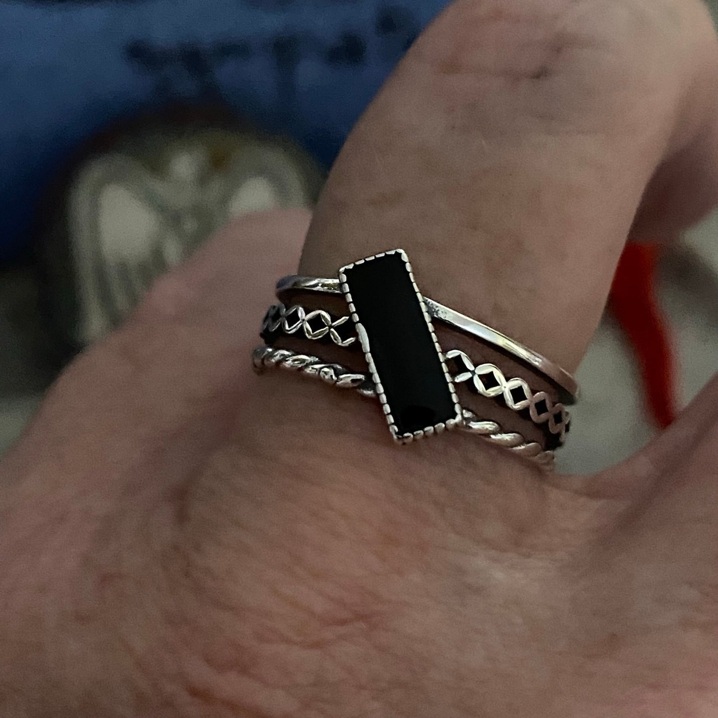 925 Sterling Silver black Rectangle Vintage Ring-Adjustable