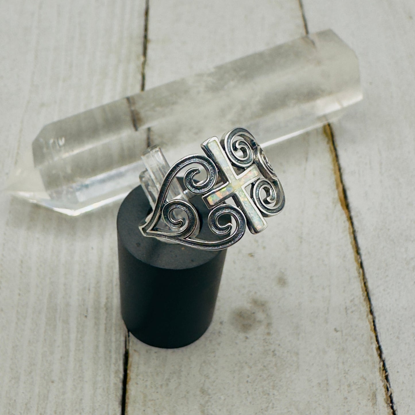 Lab Opal Cross Sterling Silver Ring