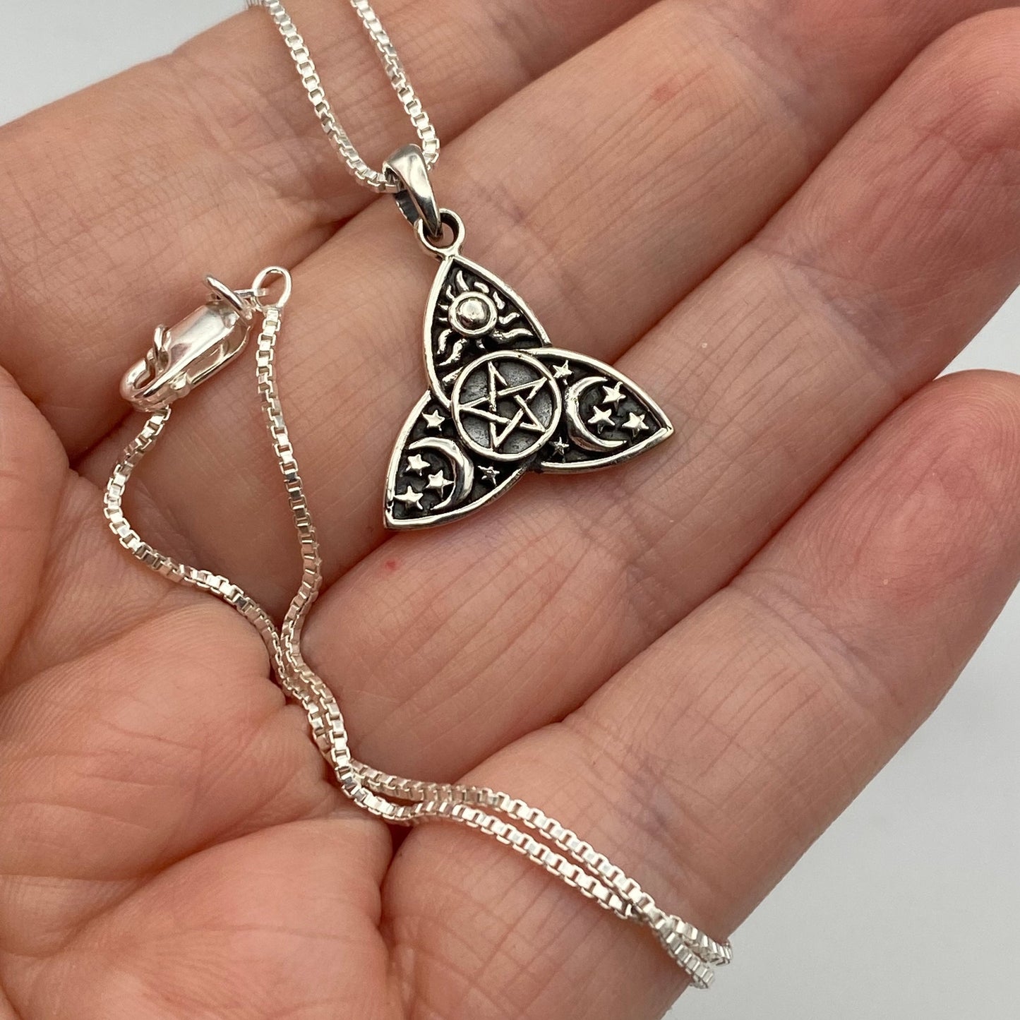 Sterling Silver Celtic Pentagram, Sun, Moon, And Stars Necklace