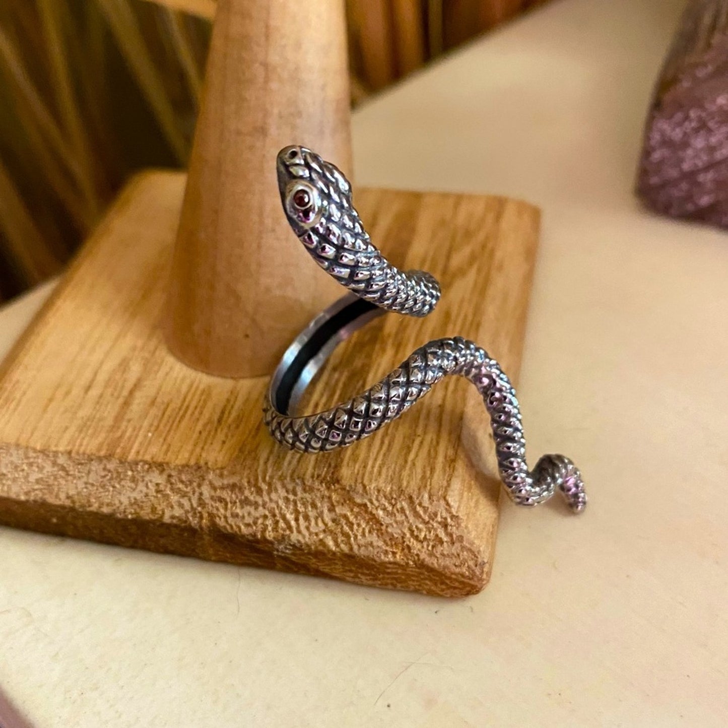 Stainless Steel Slithering Snake Ring- Red CZ Eyes