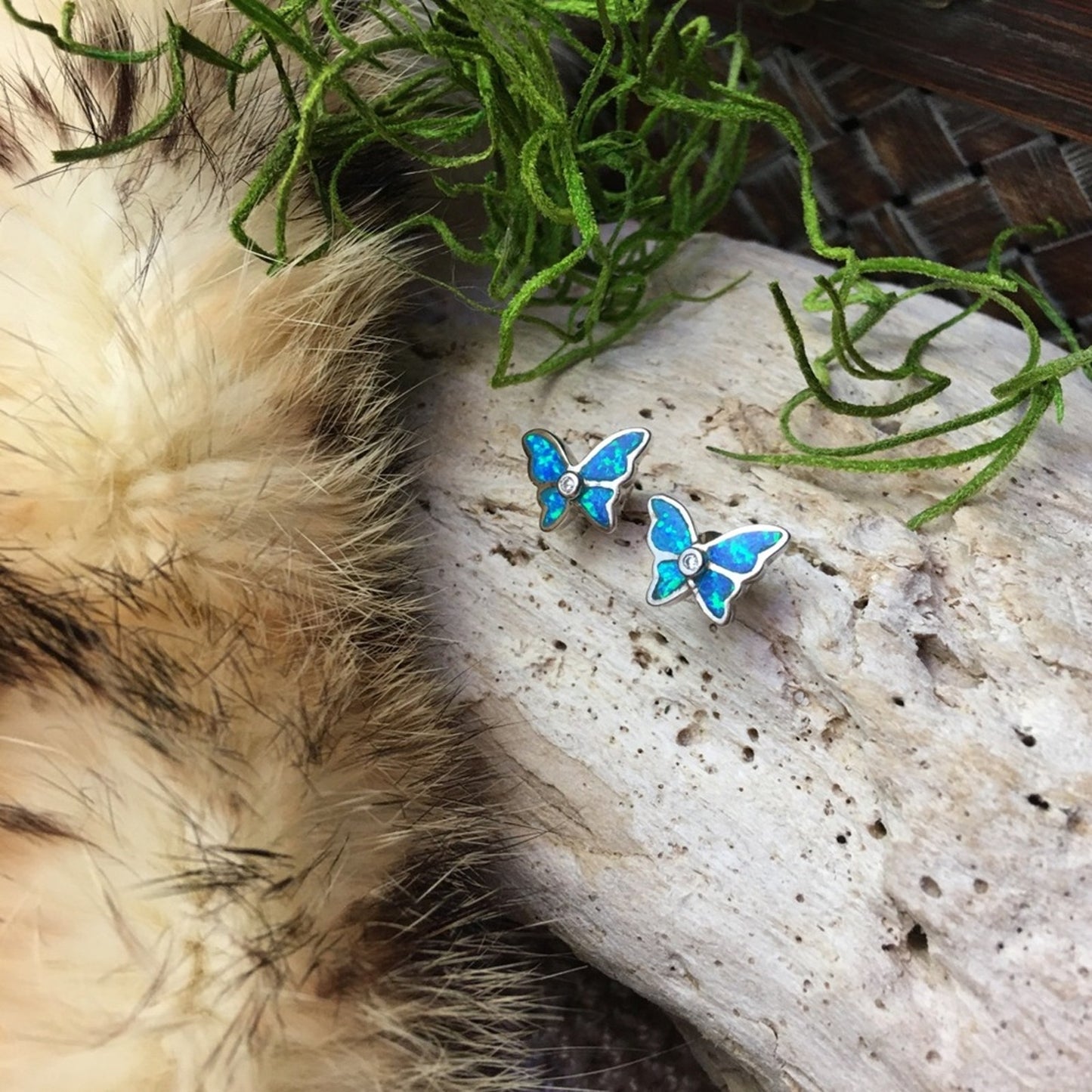 Butterfly Blue Opal CZ Sterling Silver Earrings