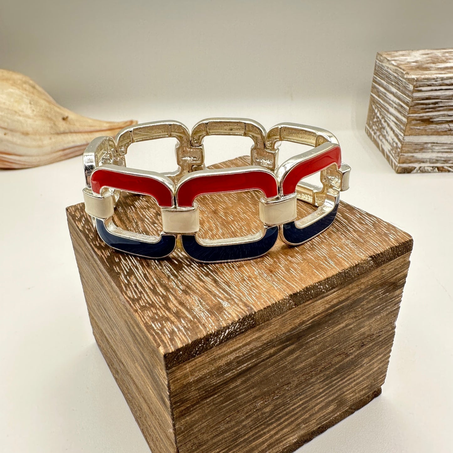 Vintage 90's Enamel Red White Blue Stretch Bracelet