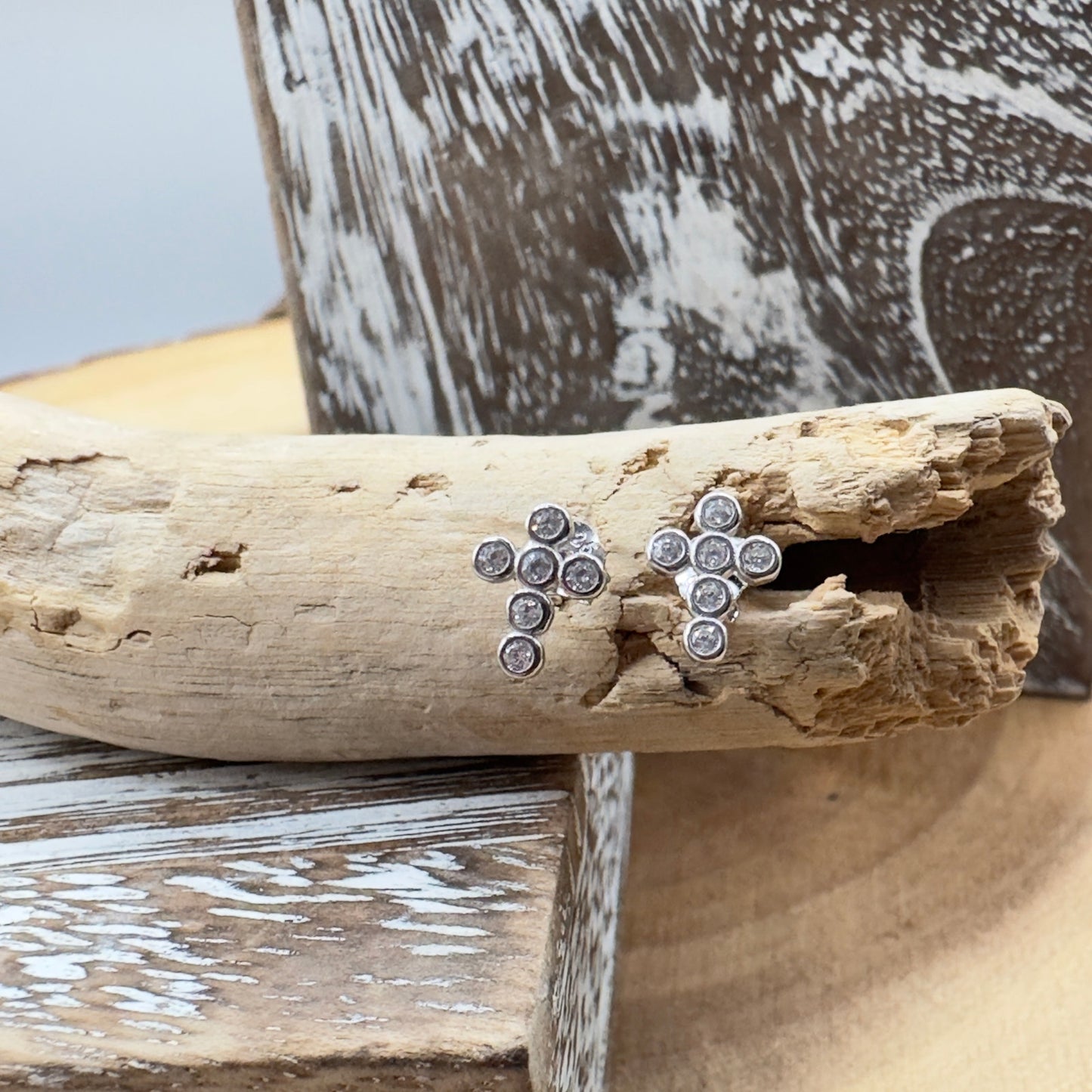 Sterling Silver CZ Cross Stud Earrings