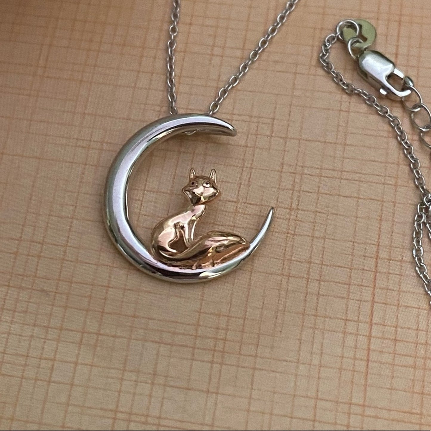 Fox and Crescent Moon Sterling Silver and Rose Gold Necklace
