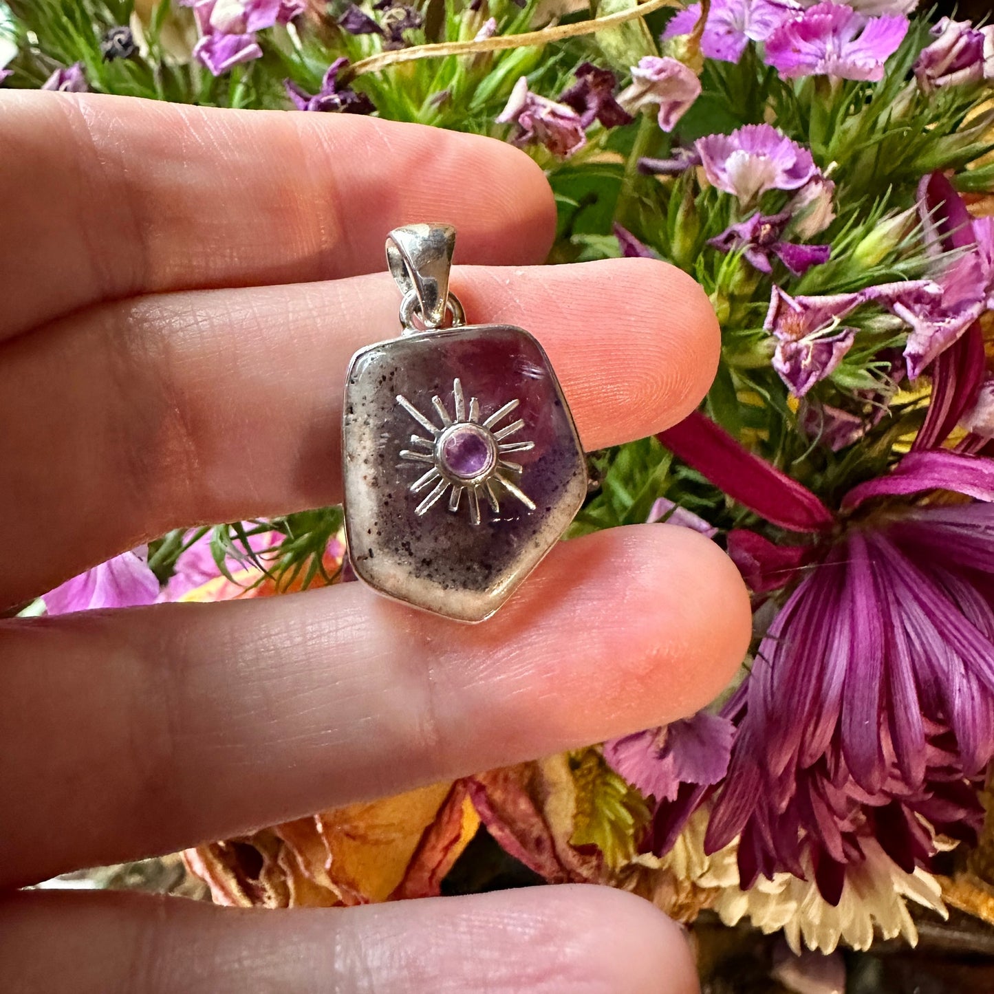 Natural Super Amethyst 23 Sterling Silver Sun Pendant