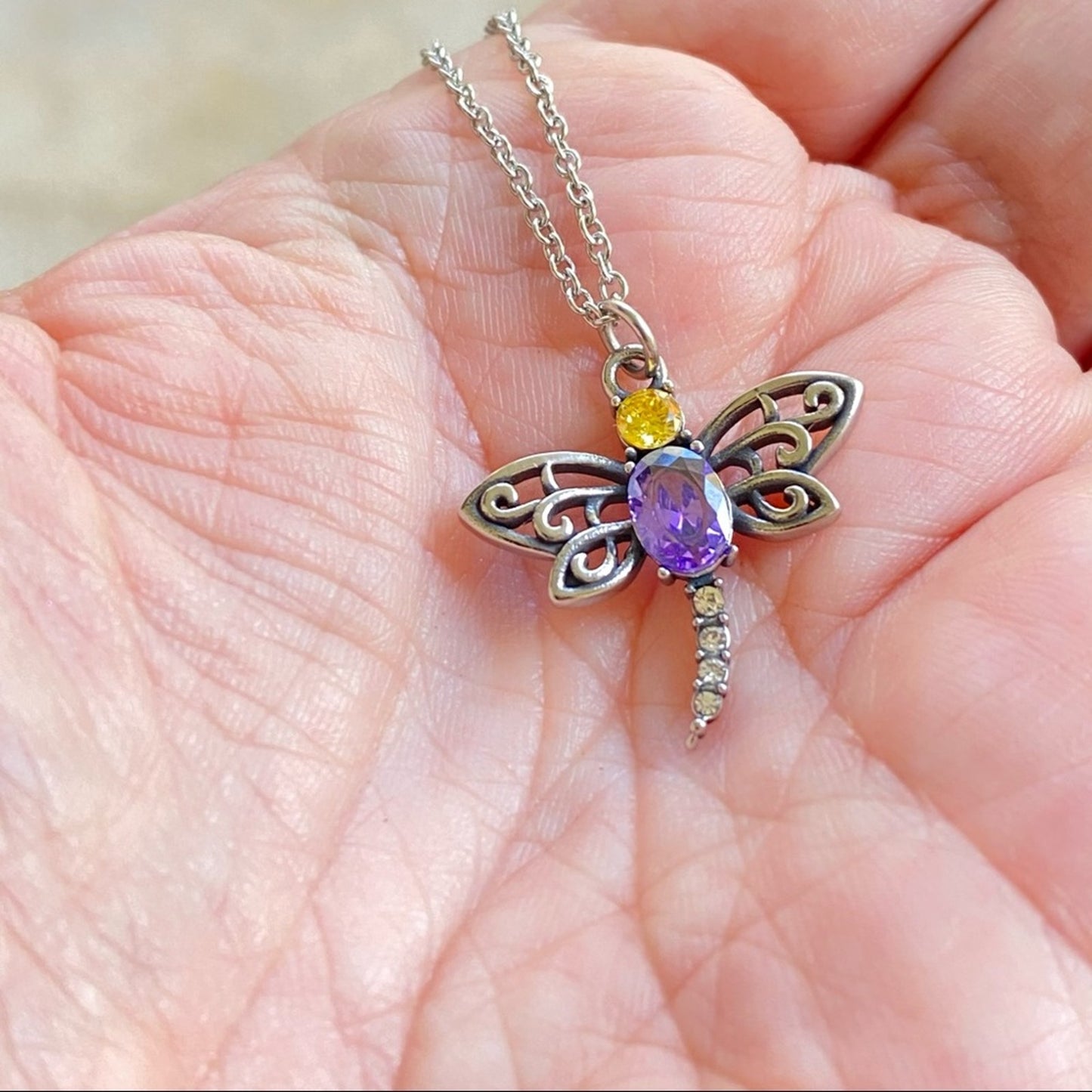 Dragonfly Purple & Yellow CZ Stainless Steel Necklace