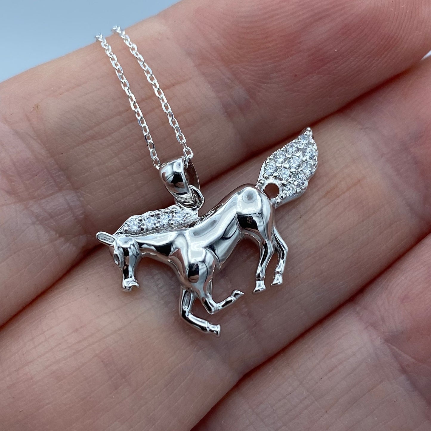 Sterling Silver CZ Horse Pendant Necklace