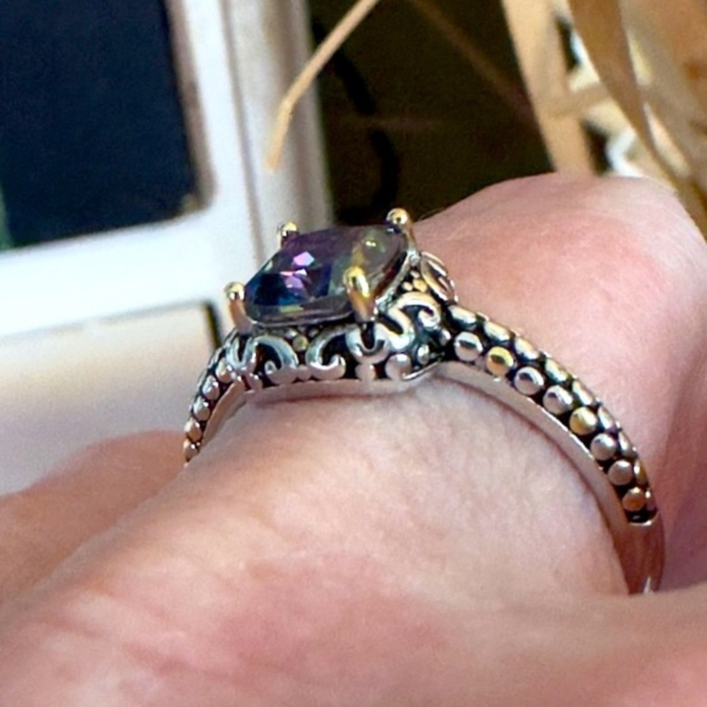 Sterling Silver Celtic Rainbow Topaz Cushion CZ Ring