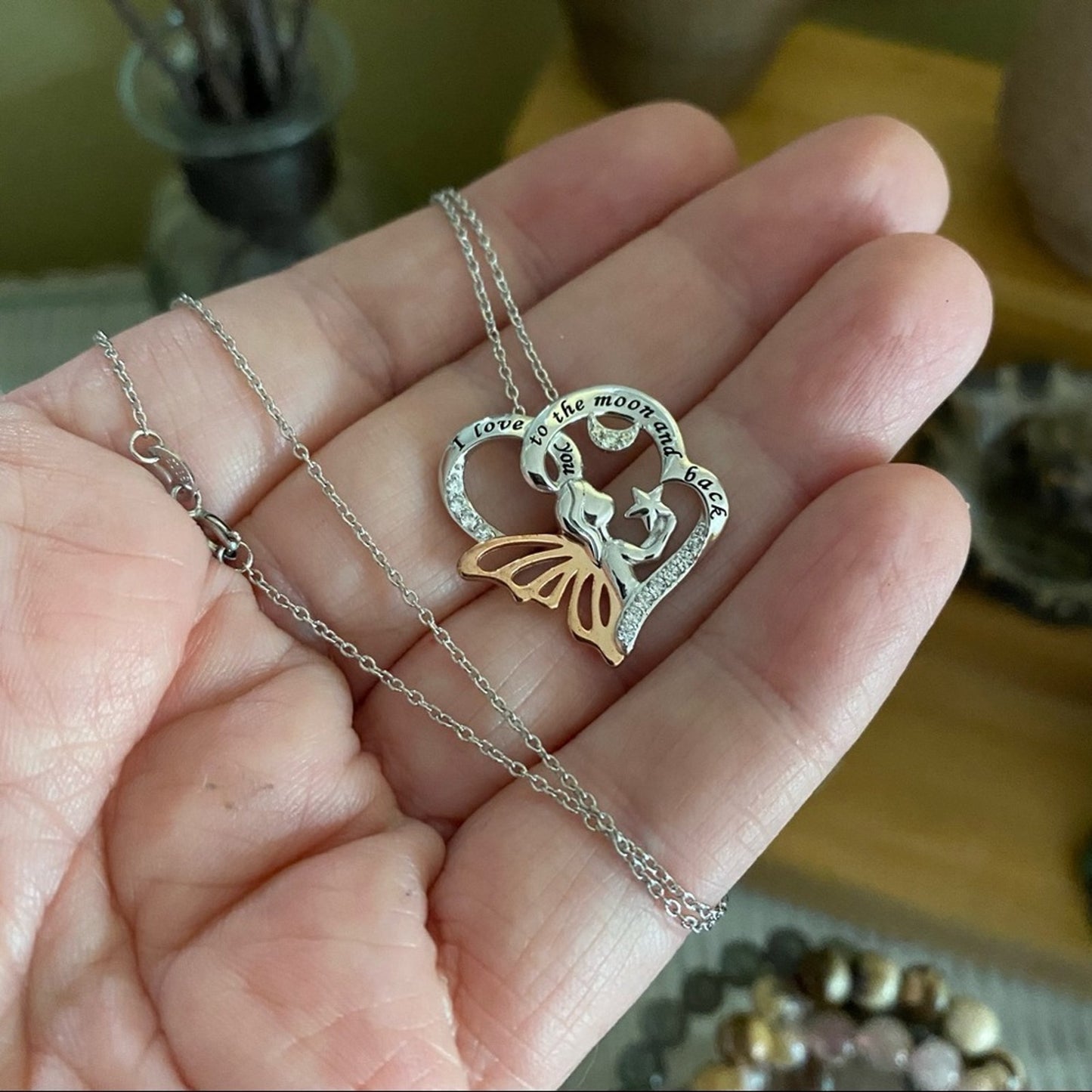 “I Love You To The Moon & Back” Sterling Silver Two-Tone CZ Fairy Girl Necklace