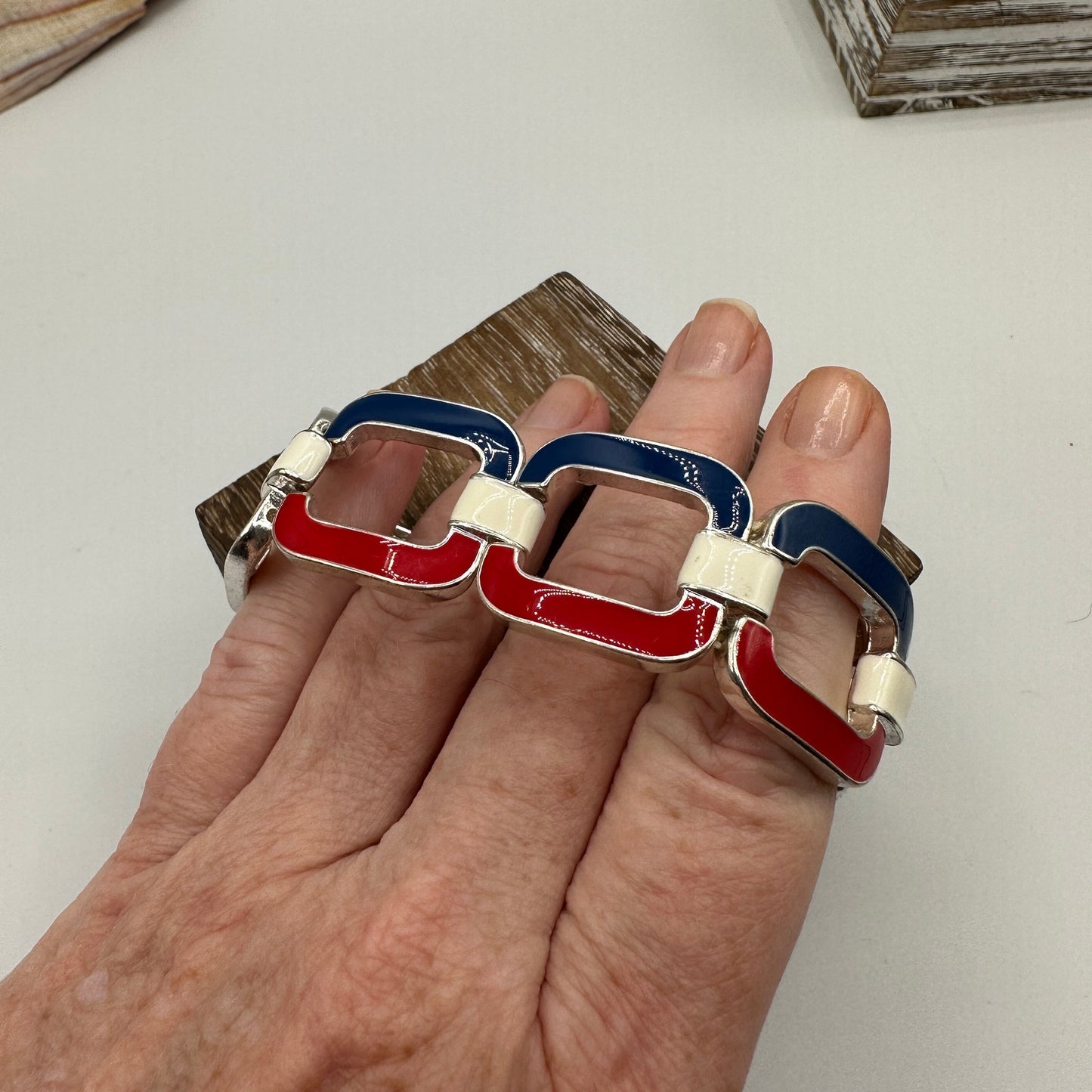 Vintage 90's Enamel Red White Blue Stretch Bracelet