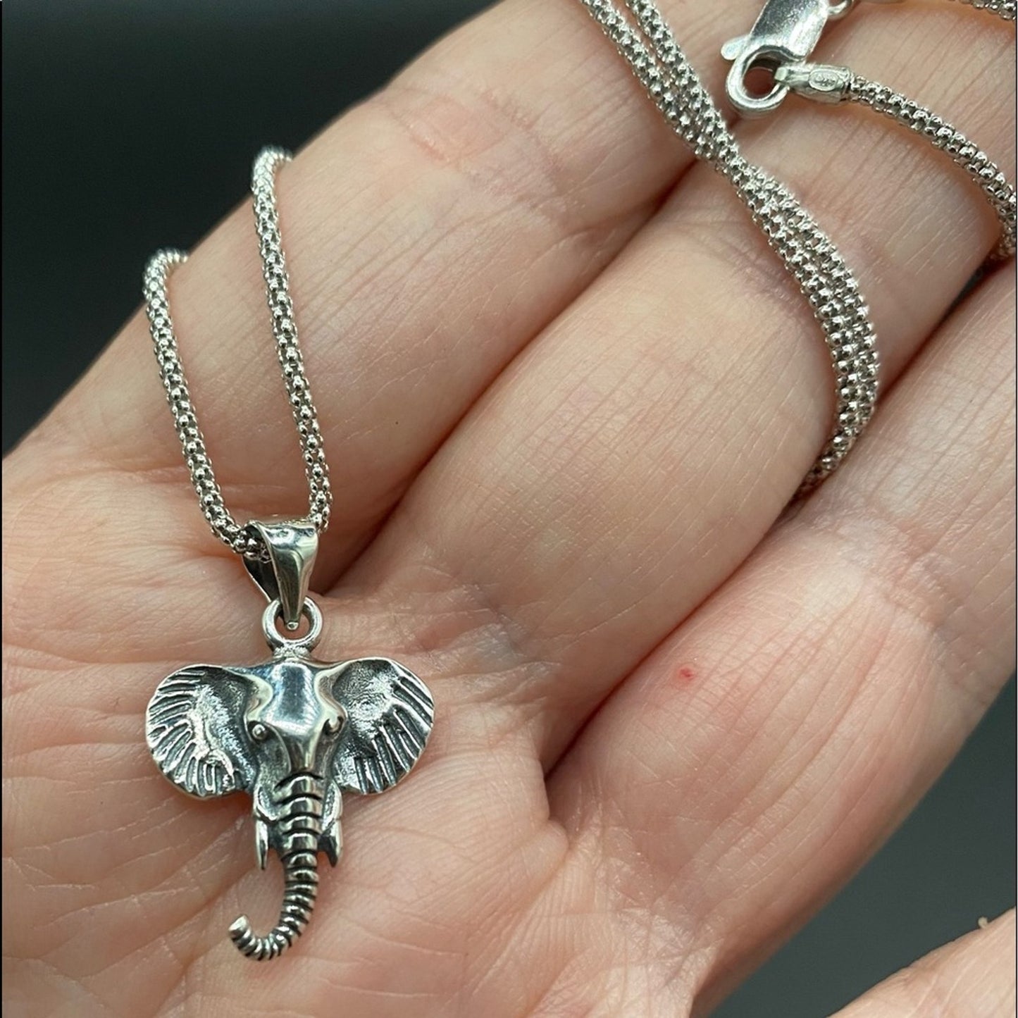 Solid Sterling Silver Elephant Head Pendant on Italian Popcorn Chain Necklace