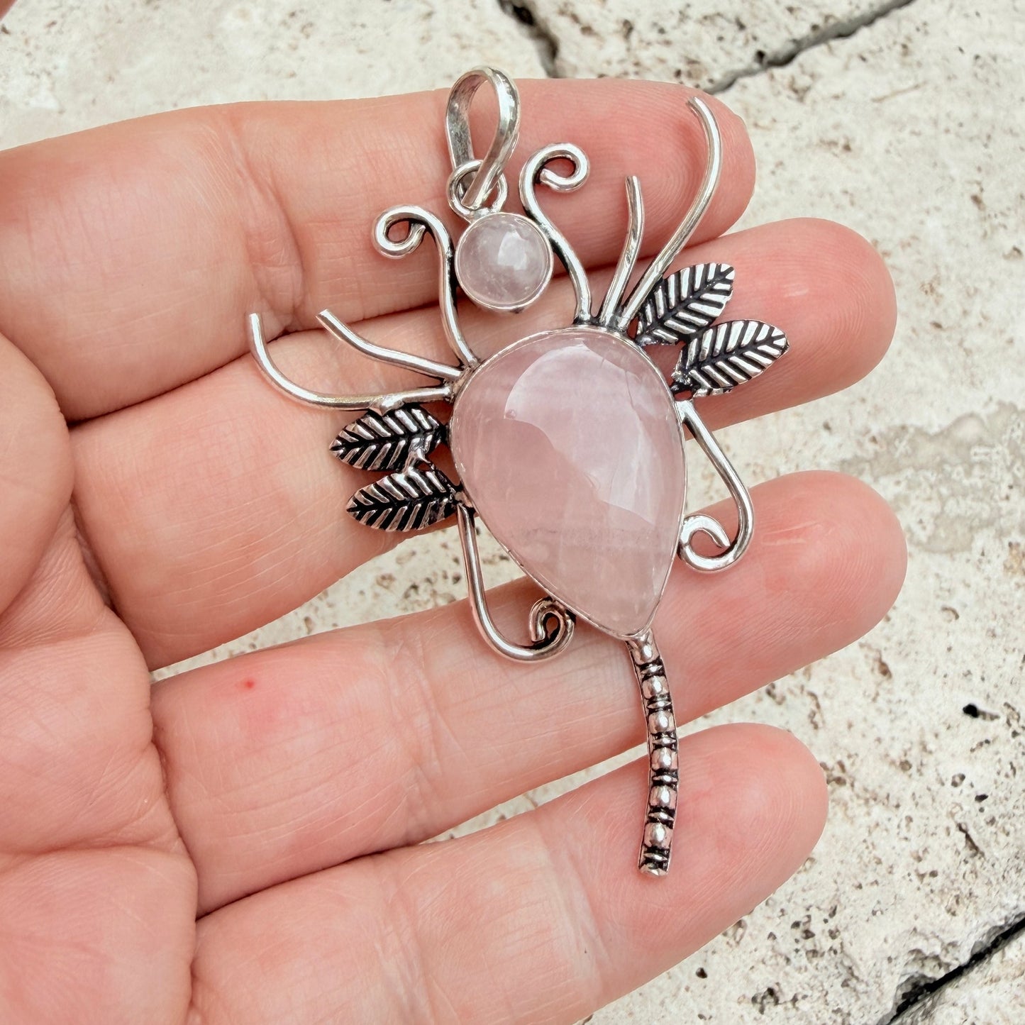 Rose Quartz Butterfly Pendant 925 Silver Overlay