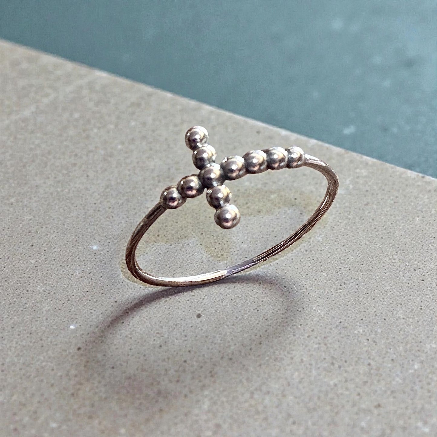 Delicate Sterling Silver Beaded Cross Faith Ring