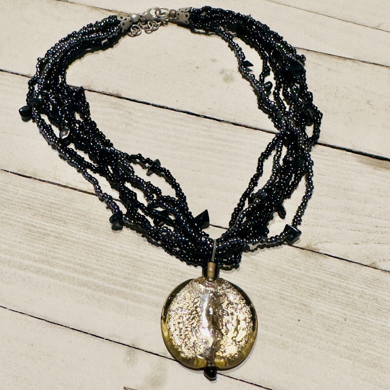 Vintage Black Multi-Strand Seed Bead Necklace with Crackle Glass Disc Pendant