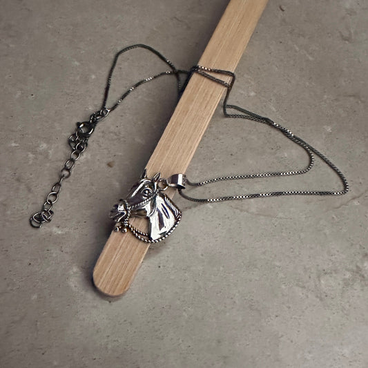 Sterling Silver Horse Head Pendant Necklace-Black Rhodium Plated Chain