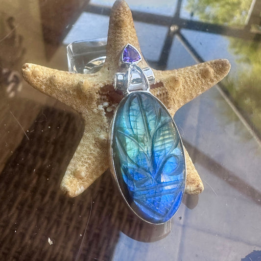 Natural Carving Labradorite & Amethyst 925 Silver Pendant