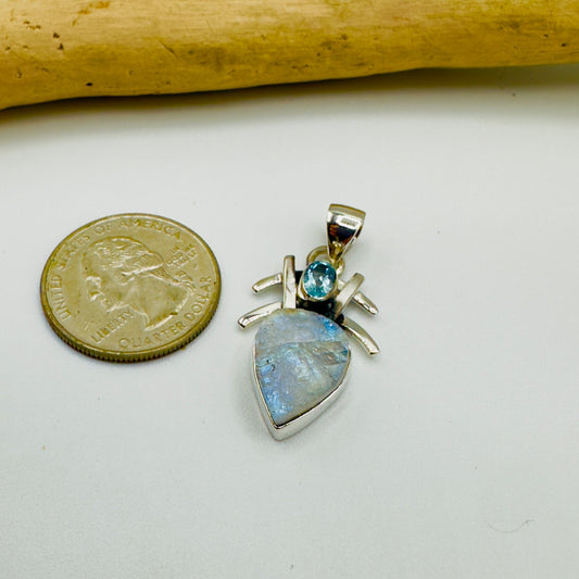 Sterling Silver Natural Rainbow Moonstone Rough & Blue Topaz Pendant