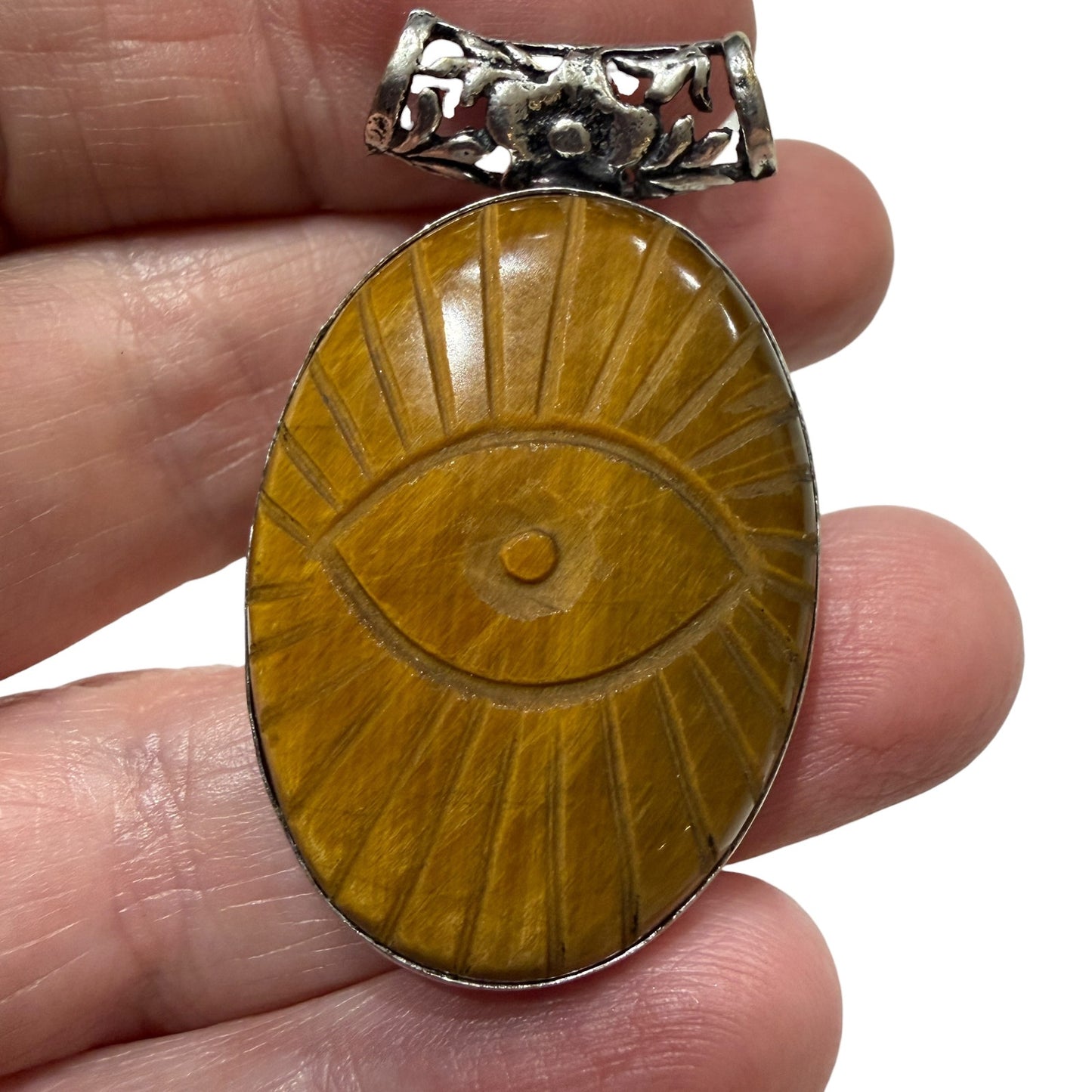 Tiger Eye Evil Eye Pendant Sterling Silver Plated Carved Stone