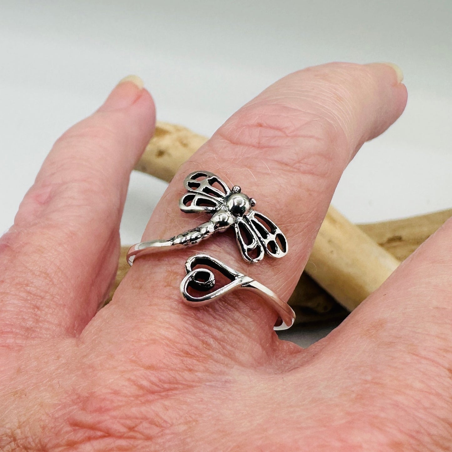 Dragonfly Heart Sterling Silver Ring, Oxidized