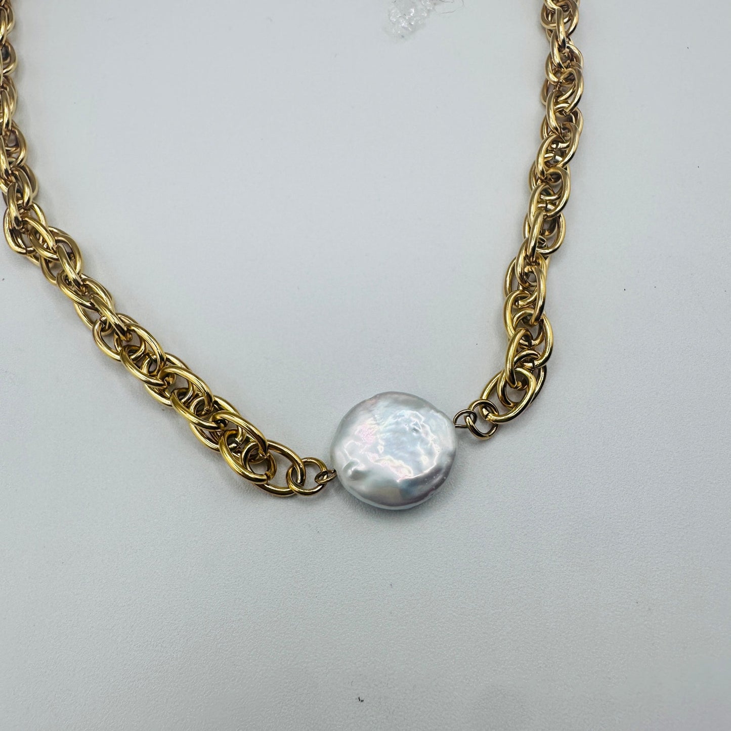 18K Gold Stainless Steel Coin Pearl Necklace-Non Tarnish Water Resistant