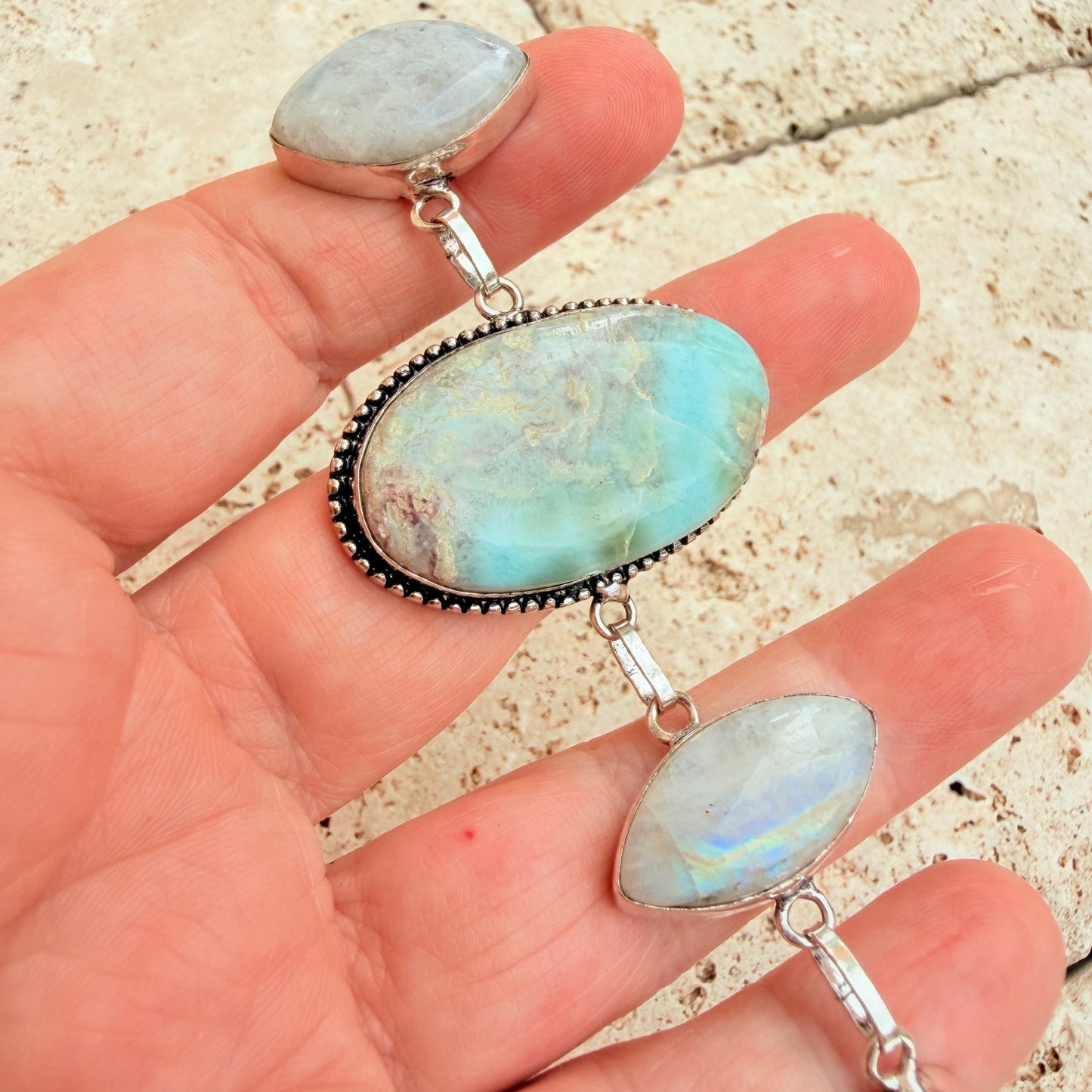 Larimar Rainbow Moonstone 925 Silver Overlay Toggle Bracelet