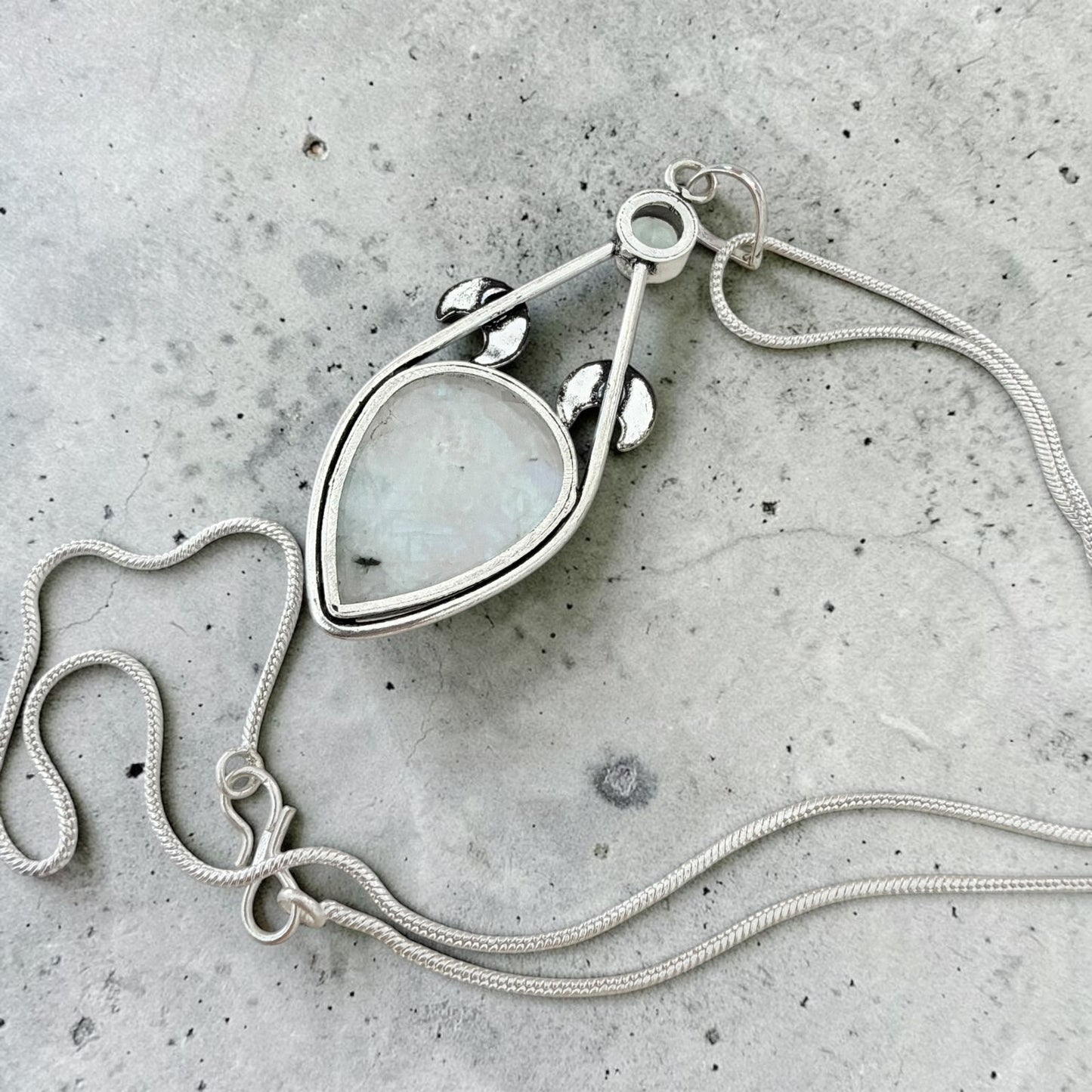 Rainbow Moonstone Crescent Moon Necklace 925 Plated, Celestial Pendant