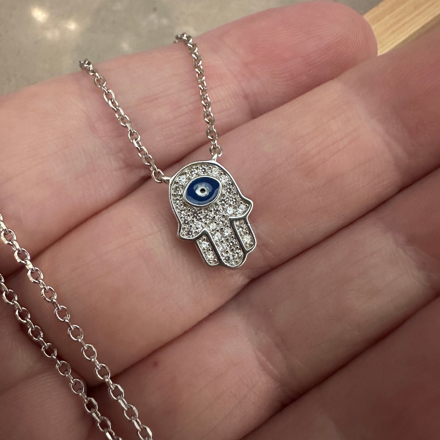 Sterling Silver Hamsa CZ Necklace with Evil Eye, Minimalist, Protection