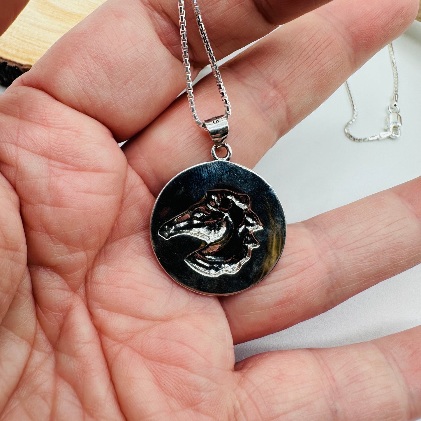 Sterling Silver Horse Medallion Necklace-925 Rounded Box Chain